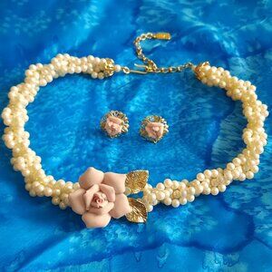 Vintage 1928 Collection Porcelain Rose braided pearl choker and earrings